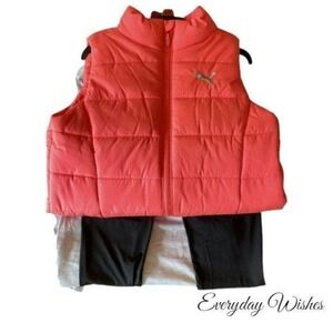 PUMA Girl's Vest Long Sleeve Shirt Leggings 3pc X-Small 5/6 Coral/Gray/Black NWT